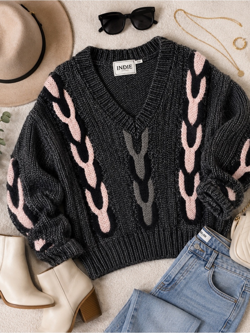 Vintage INDEX 80’s Chunky Cable Knit Gray N Pink Sweater Women’s Size Large Warm - Picture 2 of 12